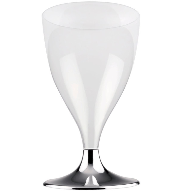 Copa de Plastico Vino con Pie Plata Cromado 200ml (20 Uds)