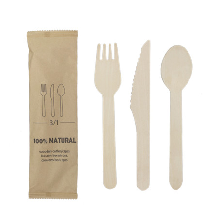 Set Cubiertos Madera Tenedor, Cuchillo y Cuchara (600 Uds)