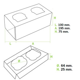 Caja 2 Cupcakes con Soporte 19,5x10x7,5cm Blanca (160 Uds)