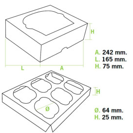 Caja 6 Cupcakes con Soporte 24,3x16,5x7,5cm Blanca(20Uds)