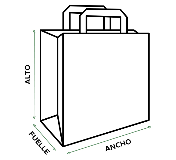 bolsa con asas con detalle de alto, fuelle y ancho