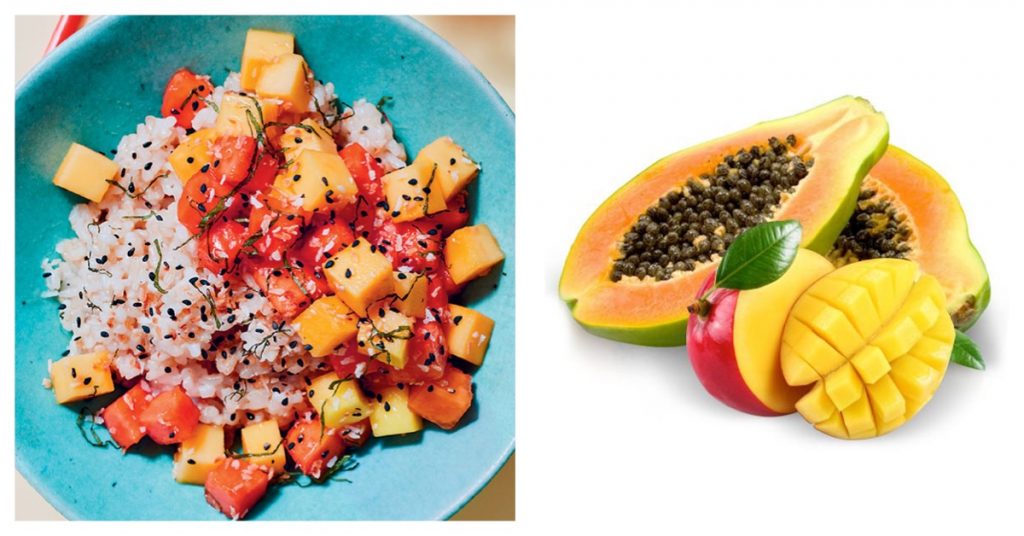 Mango y papaya con arroz de coco