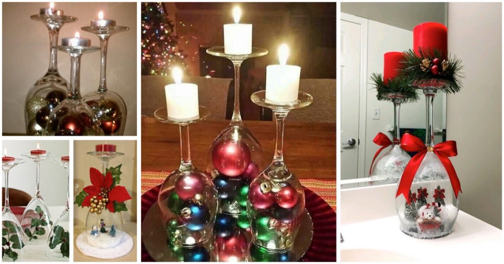 Centros navideños con copas de vino tinto