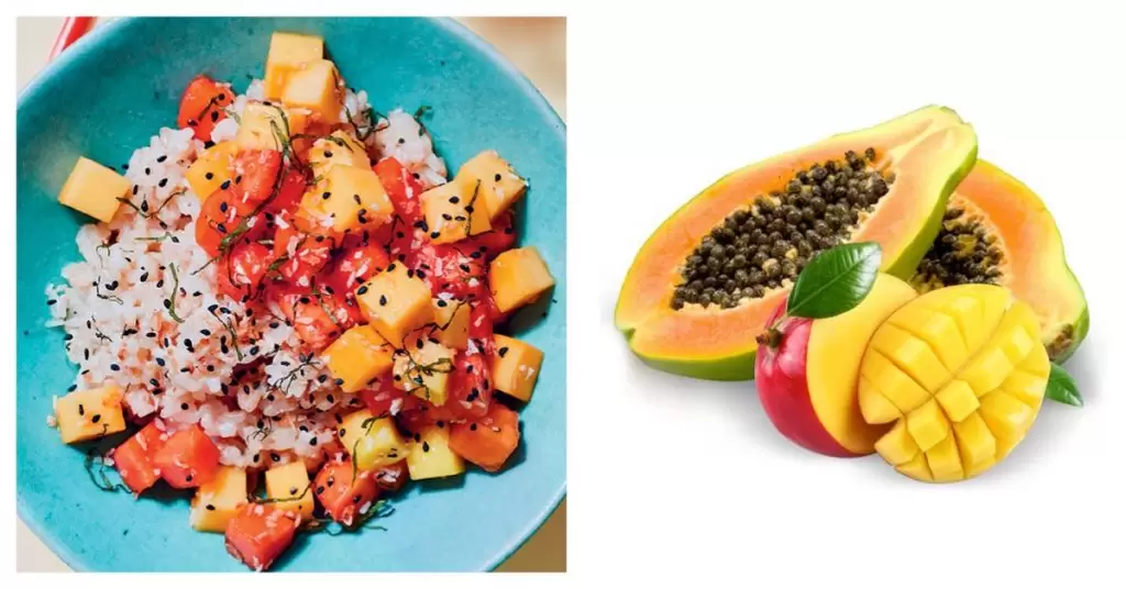 Mango y papaya con arroz de coco