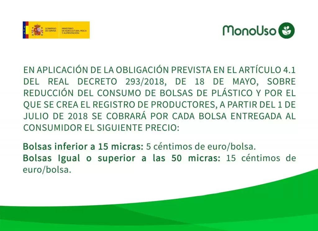 cartel oficial cobro de bolsa de plástico