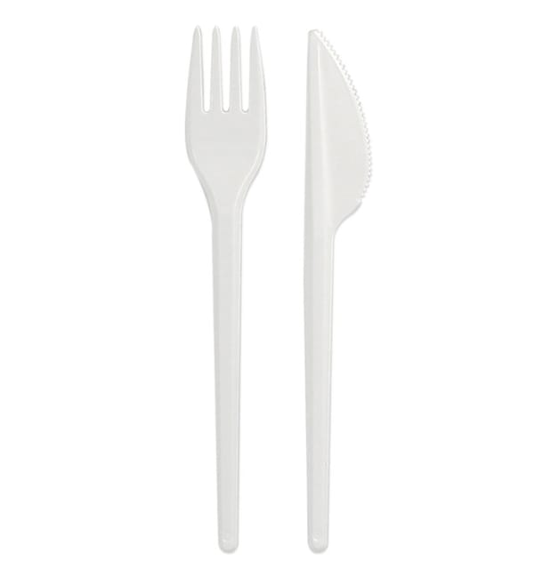 Set Cubiertos Plastico Tenedor y Cuchillo Blanco (25 Uds)
